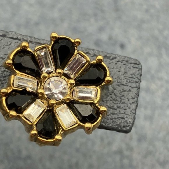 1928 Clip On Earrings Black Gold Rhinestone Star Flower Asterisk Vintage Retro - Picture 4 of 7